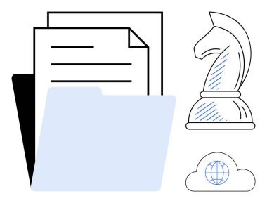 Belgeler, klasör ve şövalye satranç taşı organizasyon, strateji ve karar verme mekanizmasını temsil eder. Bulut simgesi, bağlantı ve küresel erişimi ifade eder. Strateji, yönetim ve planlama verileri için ideal