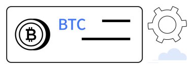 İşlem ayrıntılarına sahip Bitcoin logosu, ayarları veya işlemeyi sembolize eden vites ve dijital altyapıyı temsil eden bulut. Kripto para birimi, engelleme zinciri, ticaret, finans, fintech, veri için ideal