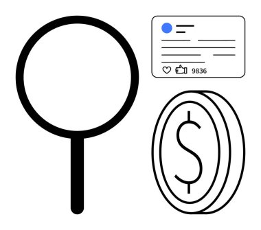 Arama sezgileri için büyüteç sosyal nişan sonrası etkileşim ölçümleri ve gelir için dolar sikke. Pazarlama, analitik, iş büyümesi, reklamcılık, ROI, çevrimiçi strateji için ideal