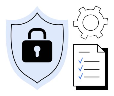 Kilit sembollü kalkan, mavi işaretli kontrol listesi ve teçhizat. Siber güvenlik, veri gizliliği, uyumluluk, sistem yönetimi, bilgi güvenliği, politika bağlılığı için idealdir basit iniş sayfası