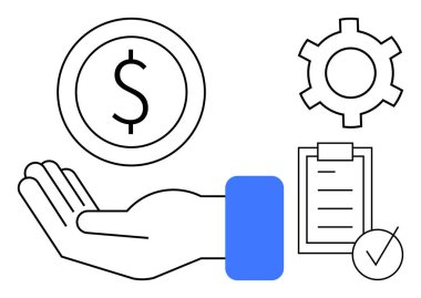 El ele tutuşan para, teçhizat temsil eden süreç, görev işaretli kontrol listesi. Finansal planlama, bütçe, iş stratejisi, yönetim, üretkenlik aracı, iş akışı için ideal basit