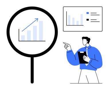 Büyüteç altındaki yukarı doğru grafiğe bakan adam veri analizini ve büyüme takibini gösteriyor. İş stratejisi, piyasa araştırması, performans izleme, hedef belirleme, sunum için ideal