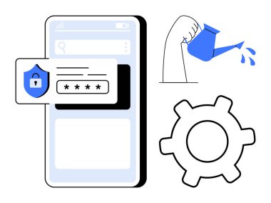 Akıllı telefon ekranında parola girişi, su dolu bir su bidonu ve bir vites ana hatları. Güvenlik, büyüme, gelişme, yenilik, strateji, takım çalışması ve otomasyon için ideal