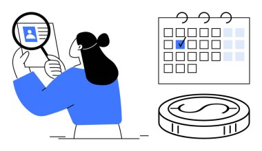 Kadın takvim ve paranın yanında büyüteçle profili inceliyor. İşe alım, planlama, İK yönetimi, finansal yönetim, kariyer, programlama, finansman için ideal. Düz basit metafor