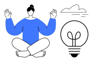 Nilüfer duruşu içinde meditasyon yapan sakin figür, fikirleri sembolize eden ampul ve düşünceler için bulut. Farkındalık, yaratıcılık, denge, odaklanma, problem çözme inovasyonu için idealdir. Düz basit