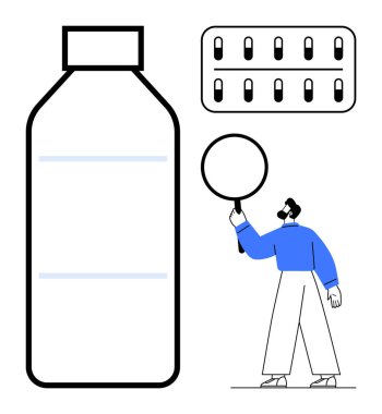 Hap şişesinin yanında büyüteç tutan kişi. Sağlık, eczane, analiz, ilaç, araştırma, kalite kontrol ve basit iniş sayfası için ideal