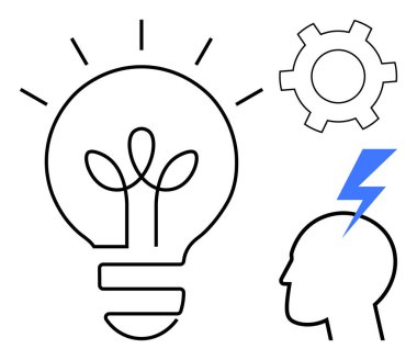 Filizli, teçhizatlı ampul ve yenilik, büyüme ve problem çözmeyi temsil eden yıldırımlı kafa. Yaratıcılık, beyin fırtınası, iş stratejisi, yenilik eğitimi takım çalışması için ideal