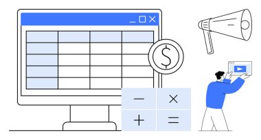 Para birimi sembollü hesap çizelgesi, hesap makinesi düğmeleri, megafon ve video içeriği tutan kişi. Finans, yazılım, pazarlama, içerik oluşturma, teknoloji analizi için idealdir.