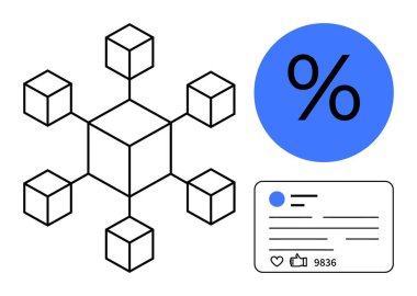 Geometrik engelleme ağı, mavi yüzde işareti, parmaklı sosyal nişan kartı. Teknoloji, finans, ademi merkeziyet, sosyal medya, pazarlama, yenilik için ideal basit iniş sayfası