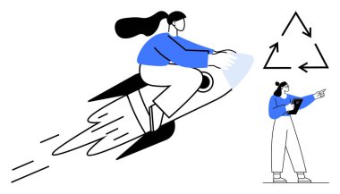 Yüksek hızda rokete binen bir kadın, elinde geri dönüşüm oklarını gösteren bir not panosuyla başka bir kişi. Sürdürülebilirlik, büyüme, eko-yenilik, takım çalışması, ilerleme, güçlendirme, basit