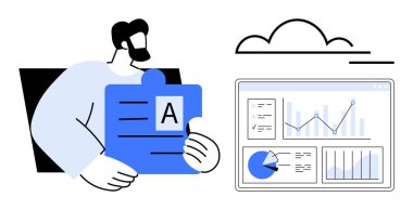 Bulut tablosu, grafikler ve analizlerin yer aldığı gösterge panelinin yanında belge tutan kişi. Veri yönetimi, bulut depolama, analitik, işbirliği, üretkenlik, araştırma için ideal