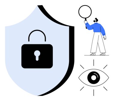 Kilit simgesi ile kalkan güvenliği simgeler, göz de güvenliği simgeler. Büyüteci olan kişi analizi temsil ediyor. Siber güvenlik, mahremiyet, soruşturma, güvenlik uygulamaları için ideal