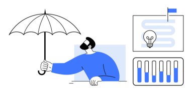 Korunmayı sembolize eden şemsiyeli adam, bar grafiği ve strateji çizelgesinin yanında ampul ve bayrak taşıyor. Ticari planlama, strateji, veri analizi, risk yönetimi ve yenilik için ideal