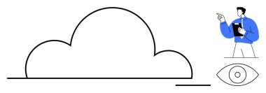 Bulut simgesi, pano gösteren kullanıcı ve veri gizliliği ve güvenliği temsil eden bir göz sembolü. Teknoloji, bulut hesaplama, güvenlik, veri yönetimi, gizlilik, yenilik sektörü için ideal