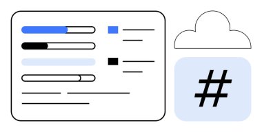 İlerleme çubukları, görev listesi ve üstveri etiketli bulut simgesi. Üretkenlik, bulut depolama, veri paylaşımı, proje yönetimi, analitik, iş akışı ve basit bir iniş sayfası için ideal