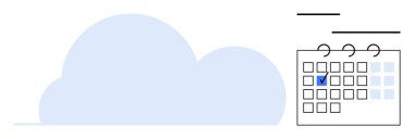 Bulut simgesi, veri depolama, organizasyon ve zaman yönetimini temsil eden işaretli bir takvimin yanında. Üretkenlik, zamanlama, planlama, bulut hesaplama, dijital araçlar, teknoloji dairesi için ideal