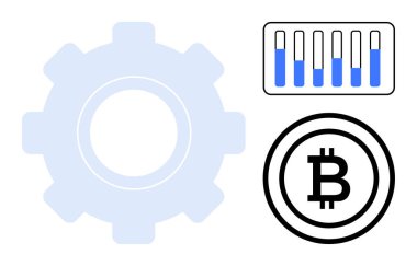 Gear, Bitcoin işareti, dolu seviyeli bar grafiği. Engelleme zinciri, kripto para birimi, teknoloji, analitik, dijital finans, işlemler için ideal