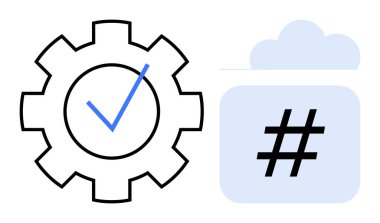 Bulut simgesi simgesi içerisindeki bir üstveri etiketinin yanında kontrol işaretli dişli ayarlar, doğrulama ve bulut entegrasyonu. Teknoloji, otomasyon, kodlama, güvenlik, analitik, geliştirme için ideal basit