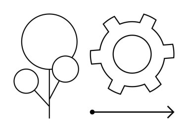 Büyüme için ağaç sembolü, teknoloji için teçhizat ve yön için ok. Yenilik, ilerleme, büyüme, teknoloji, sürdürülebilirlik eğitimi için ideal. Basit bir iniş sayfası için mükemmel.