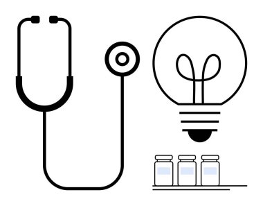 Stetoskop, yeniliği simgeleyen ampul ve aşağıda dizilmiş üç ilaç şişesi. Sağlık, tanı, ilaç, araştırma, yaratıcılık yeniliği ve fikirler için idealdir. Düz basit