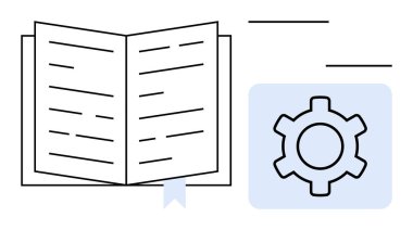 Öğrenmeyi, eğitimi, kişiselleştirmeyi, gelişimi temsil eden kitap ayracı ve vites simgesi ile açık kitap. Eğitim için ideal, kullanıcı kılavuzları, e-öğrenme, bilgi paylaşımı, üretkenlik teknolojisi