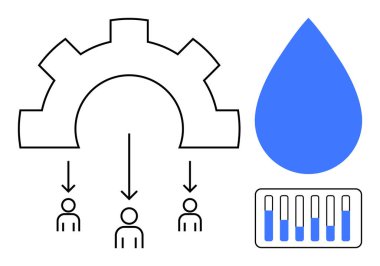 Dişliler iş akışına rehberlik eden bireyleri temsil eder, mavi su damlası kaynakları sembolize eder ve bar grafiği veri dağılımını gösterir. Takım çalışması, liderlik, süreç, kaynak yönetimi ve teknoloji için ideal