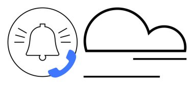 Yatay çizgileri olan bir bulutun yanında ses hatları ve telefon ahizesi olan zil. İletişim, bildirimler, bulut servisleri, teknolojik güncellemeler, veri senkronizasyonu, mesajlaşma, düz basit