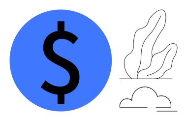 Minimalist bitki ve bulutun yanında mavi daireli dolar işareti. Finans, büyüme, doğa, sürdürülebilirlik, yatırım, ekonomi ve başarı temaları için idealdir. Basit bir iniş sayfası için mükemmel.