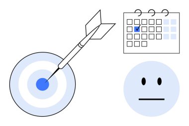 Hedefi sembolize eden dart dartları, tarihi işaretlenmiş takvim ve odaklanmayı sembolize eden tarafsız yüz. Başarı, planlama, strateji, üretkenlik, kesinlik, zamanlama hedefi için ideal
