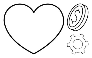 Kalp şekli, dolar parası ve ekipman aşkı, parayı ve çabayı sembolize ediyor. İş için ideal, işbirliği, finans, ilişkiler takım çalışması kişisel değerler sade iniş sayfası