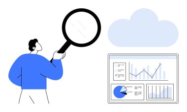 Veri tabloları ve bulut simgesinin yanında büyüteç tutan kişi analizi ve bulut hesaplamasını temsil ediyor. Veri bilimi, analitik, teknoloji, araştırma, iş izleme, bulut depolama için ideal