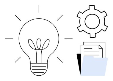 Fikirleri simgeleyen lahanalı ampul, ayarları, belgeleri ve klasör resimleme organizasyonunu temsil eden ekipman. Yaratıcılık, yenilik, üretkenlik, planlama, süreç, büyüme için ideal basit