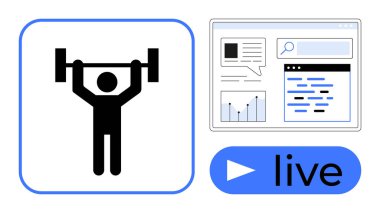 Çizelgeler, arama çubuğu ve mesajlaşma içeren multimedya arayüzü yanında halter simgesi, canlı yayın fitness derslerini vurguluyor. Dijital egzersiz programları için ideal, kişisel eğitim, sanal