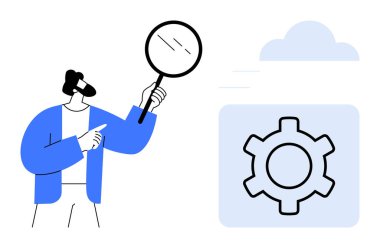 Bulut siluetinin içindeki vites simgesini gösteren büyüteç tutan kişi. Bulut hesaplama, teknoloji, veri optimizasyonu, yenilik, bilişim çözümleri, analiz, basit iniş sayfası için ideal