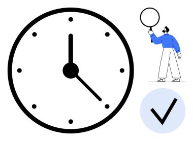 Kalın işaretli büyük analog saat, kontrol işaretinin yanında balon tutan adam. Zaman izleme, hedef belirleme, görev örgütü, üretkenlik, teslim tarihleri, verimlilik, basit iniş sayfası için ideal