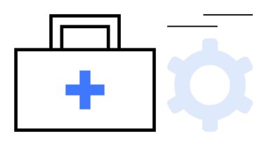 Mavi haç ve dişli çarklı minimum ilk yardım kiti sağlık, bakım, iyileşme ve optimizasyon süreçlerini sembolize ediyor. Sağlık, yenilik, verimlilik, kalkınma ve destek için ideal