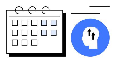 Baş silueti ve yukarı doğru oklar içeren mavi bir çemberin yanındaki işaretli tarihli takvim, büyümeyi, zaman yönetimini, planlamayı ve kendini geliştirmeyi simgeliyor. Üretkenlik için ideal