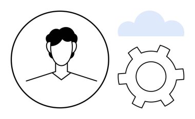 Dairesel kullanıcı avatarı, ayarlar için teçhizat ve dijital depolama için bulut. Kişiselleştirme, hesap yönetimi, teknoloji, bulut hesaplama, veri senkronizasyonu, ağ sade iniş için ideal