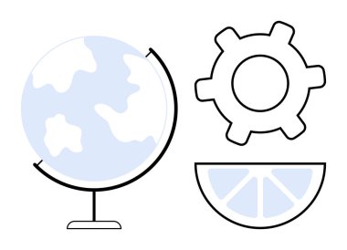 Küre, dişli ve limon dilimleri küresel bağlantı, yenilik ve doğanın elementlerini birleştiriyor. Sürdürülebilirlik, işbirliği, eko-fikirler, küresel etki üretim eğitimi yaratıcılığı için ideal