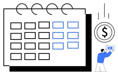 Takvim ızgarası mavi röfleli ve yanında bir dolar bozuk para sembolü olan, elinde çalma düğmesi olan bir adam. Finans, zamanlama, içerik oluşturma, üretkenlik, zaman yönetimi, dijital için ideal