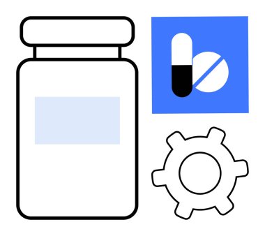 İlaç şişesi, ilaç, eczane ve sağlık hizmetleri yeniliklerini temsil eden kapsül ve vites simgesi ile birlikte. Sağlık, eczane, teknoloji, yazılım, ilaç, araştırma ve verimlilik için ideal