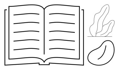 Eşit aralıklı çizgiler, soyut yaprak ve çakıl elementleri içeren açık bir kitap. Eğitim, edebiyat, yaratıcılık, ekoloji, minimalizm, rahatlama için ideal