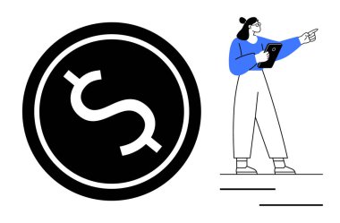 Tablet tutan ve para şeklinde cesur bir madeni para tasarımının yanında duran kadın. Finans, işletme, sunum, yatırım, ekonomi, büyüme ve basit iniş sayfası için ideal