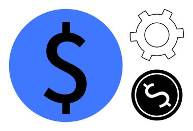 Mavi dairesel arka planda büyük dolar işareti, işlem için vites simgesi, dolar motifli bozuk para taslağı. Finans, iş stratejisi, ayarlar, yatırım, uygulamalar, teknoloji için ideal