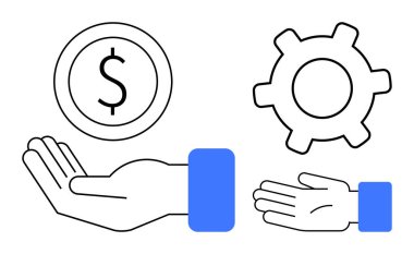 Bir başka elde açık para ve başka bir elde dişli para ve iş kavramlarını birleştirir. İş, finans, yatırım, takım çalışması, ortaklık, ekonomi ve yönetim için ideal. Düz basit metafor