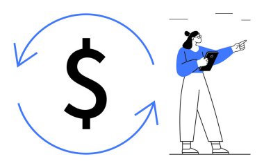 Tabletle işaret eden bir iş kadınının yanındaki para akışını simgeleyen oklarla çevrili dolar işareti. Finans, iş stratejisi, yatırım, tasarruf, bütçe paylaşımı, kâr paylaşımı için ideal