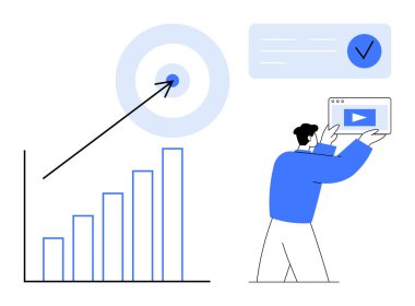 Yukarı doğru ok ile çizilen çubuk grafik, hedef tam isabet, ekranda video içeriği tutan kişi. Büyüme, strateji, analitik, pazarlama, iş, hedefler için ideal basit bir iniş sayfası