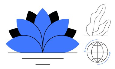 Üstüste binen mavi yapraklı nilüfer çiçeği soyut yapraklı şekiller ve oklu bir küre. Maneviyat, farkındalık, uyum, küresel ulaşım, büyüme, ekoloji refahı için ideal basit iniş sayfası