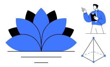 Mavi nilüfer yaprakları soyut süs olarak, elinde not defteri tutan adam, üçgen geometrik yapı. Büyüme, uyum, yaratıcılık, öğrenme, liderlik, yenilik için ideal basit