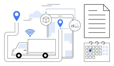 Harita iğneleri, tablet arayüzü, kablosuz sinyal, belge ve takvim içeren dijital rotayı takip eden bir kamyon. Lojistik, dağıtım, planlama teknolojisi nakliye verimliliği için ideal. Düz